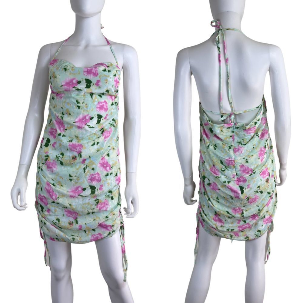 SNDYS Cyprus Women Size L Floral Cinched Ruched Satin Strappy Mini NEW Dress Y2K
